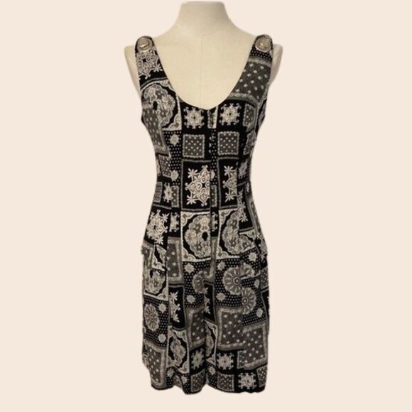 Vintage 90's Black & White Patchwork Print Jumpsuit / Playsuit - Picture 1 of 15
